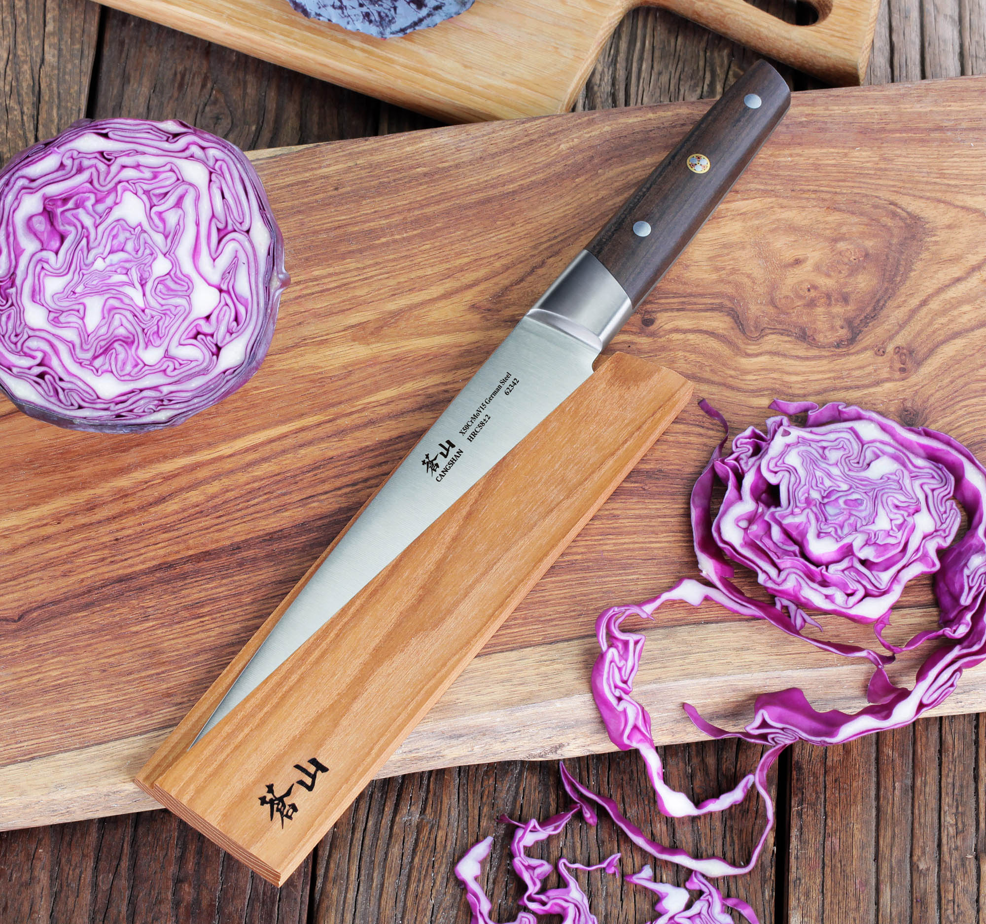 R Series 8-Inch Chef Knife with Ash Wood Sheath, Forged German Steel, 62625