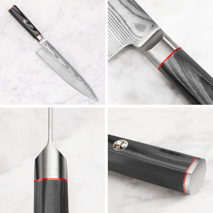 Chef knife with patterned Damascus steel blade and black handle with red accents shown from multiple close-up angles.