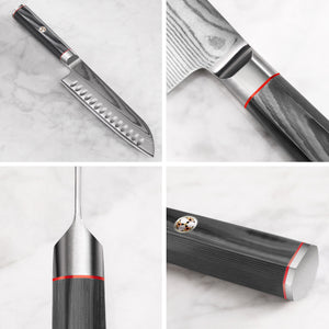 
                  
                    Load image into Gallery viewer, Cangshan YARI Series 501240 X-7 Damascus Steel 7-inch Santoku Knife with Sheath
                  
                