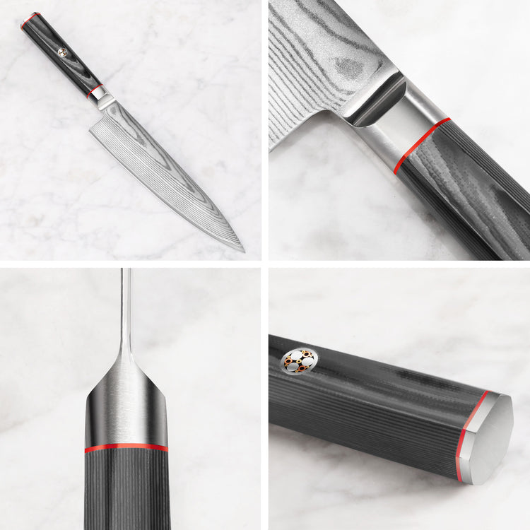 YARI Series 8-Inch Chef's Knife with Damascus steel blade, black handle with red accents, and sheath on marble surface.