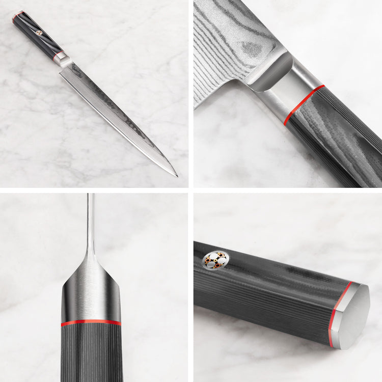 YARI Series 10-inch sashimi knife with dark wood handle, polished blade, and metal bolster shown from multiple close-up angle