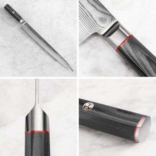 
                    
                      YARI Series 12-inch sashimi knife with dark wood handle and sheath, close-ups of blade, handle, and end cap details.
                    
                  
