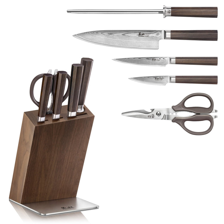 MAYA Series 6-piece knife set with dark walnut block, X-7 Damascus steel knives, kitchen shears, and honing steel.
