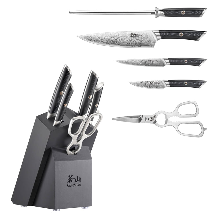 Six-piece knife set with black handles, including chef's knife, paring knife, honing steel, kitchen scissors, and a black kni