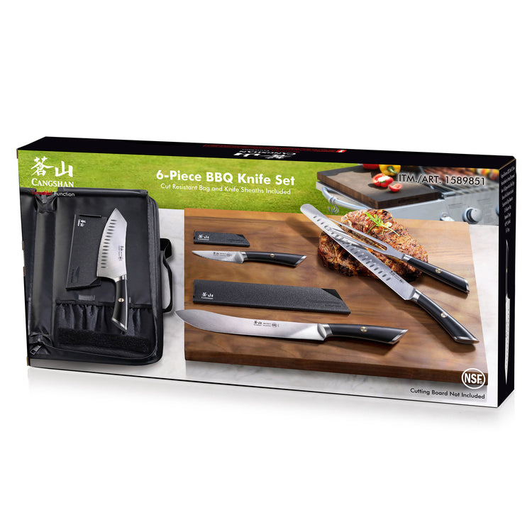 Six BBQ knives with black handles displayed on a wooden board and stored in a black knife bag.