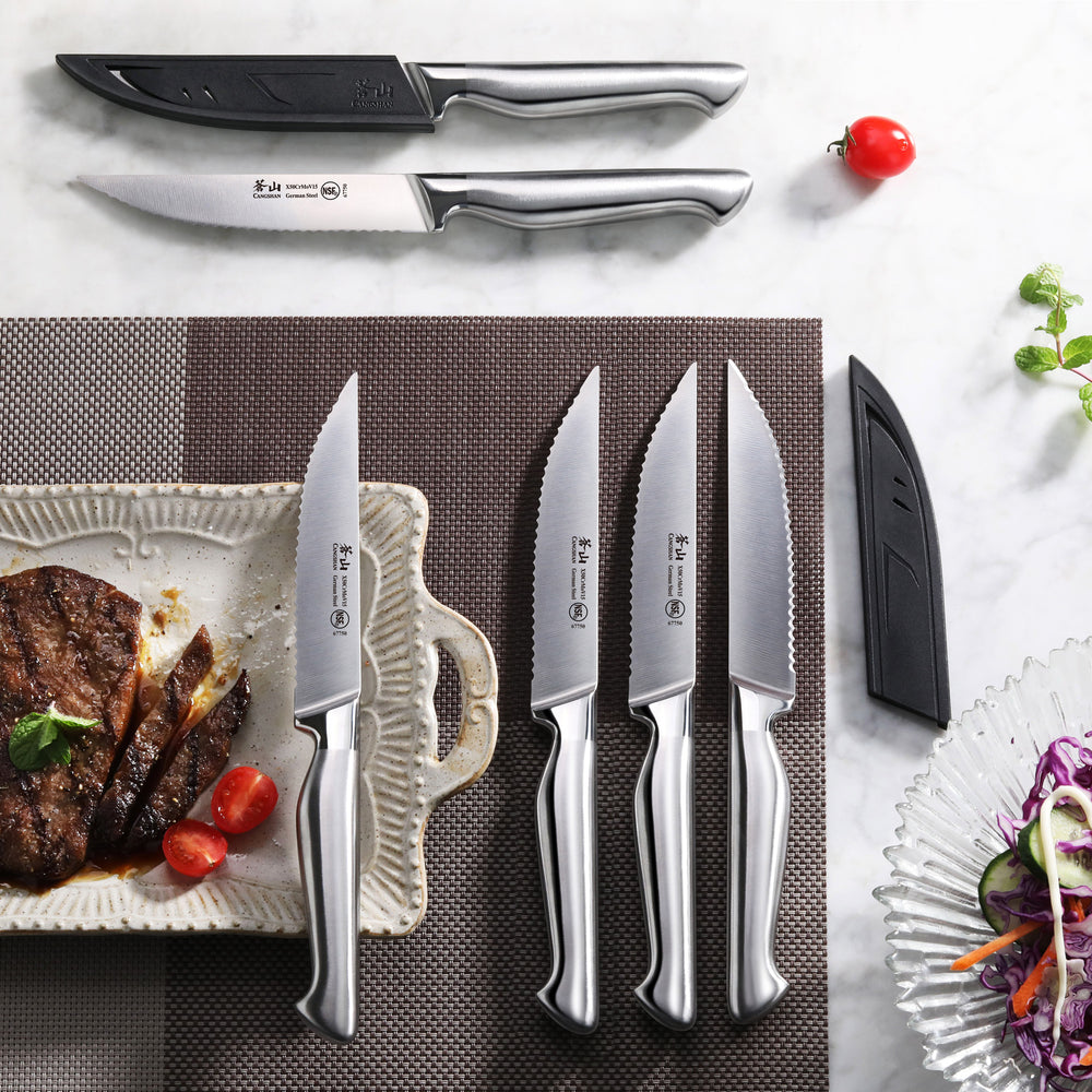 McCook Steak Knives, MC59 Steak Knives Set of 6 - Full Tang Serrated Steak Knives Stainless Steel Steak Knife Set Sharp Knife for Cutting Meat