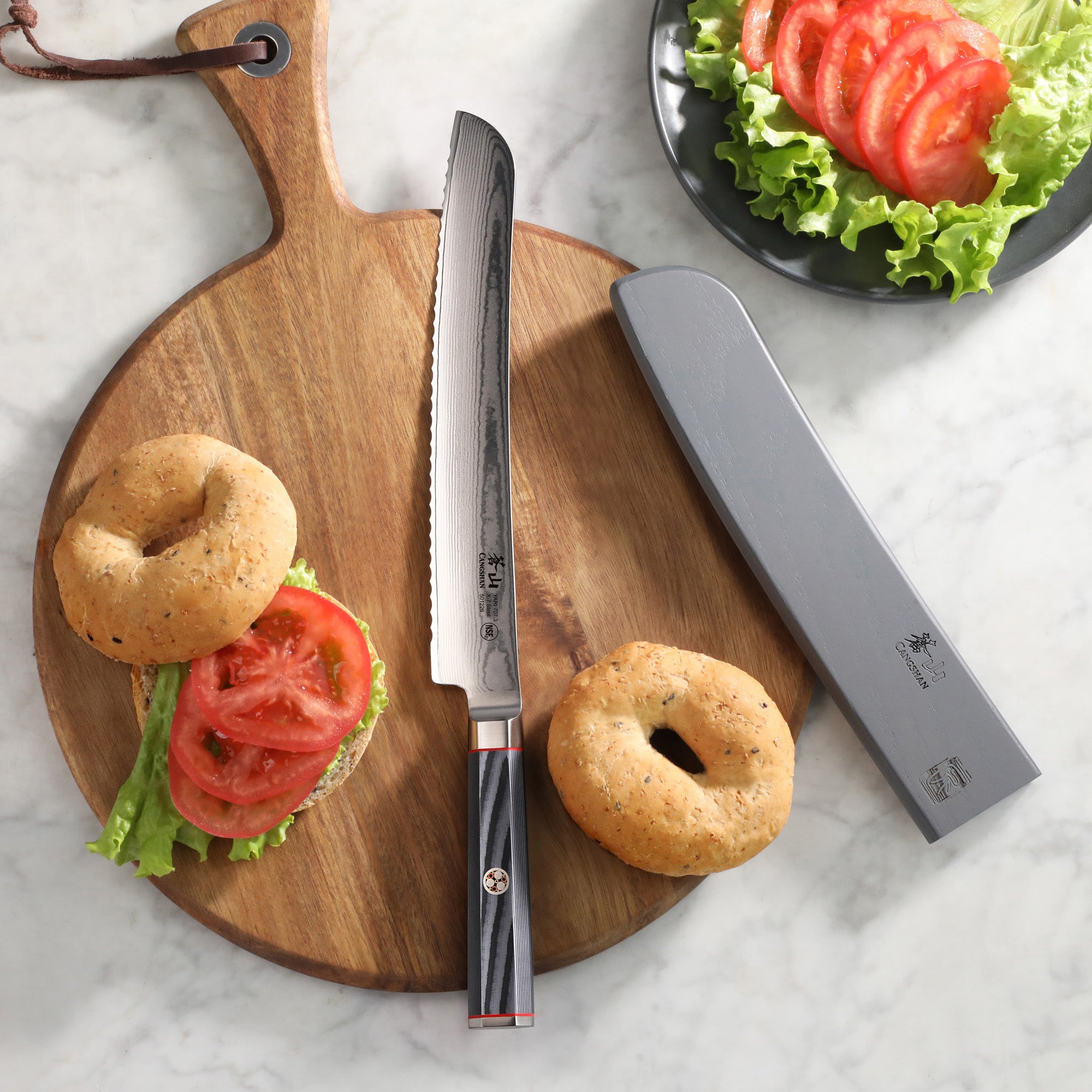 YARI Series 9-Inch Bread Knife with Sheath, X-7 Damascus Steel