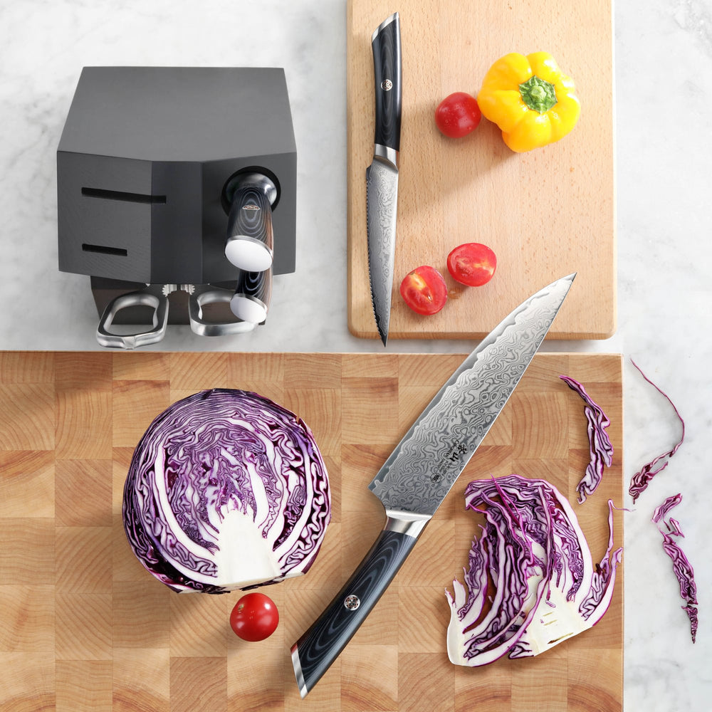 
                  
                    Load image into Gallery viewer, KURO Series 6-Piece Knife Block Set, High Carbon X-7 Damascus Steel, 504333
                  
                
