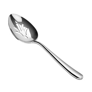 
                    
                      Slotted serving spoon with mirror finish, forged stainless steel, curved handle, and decorative cutouts in the bowl.
                    
                  