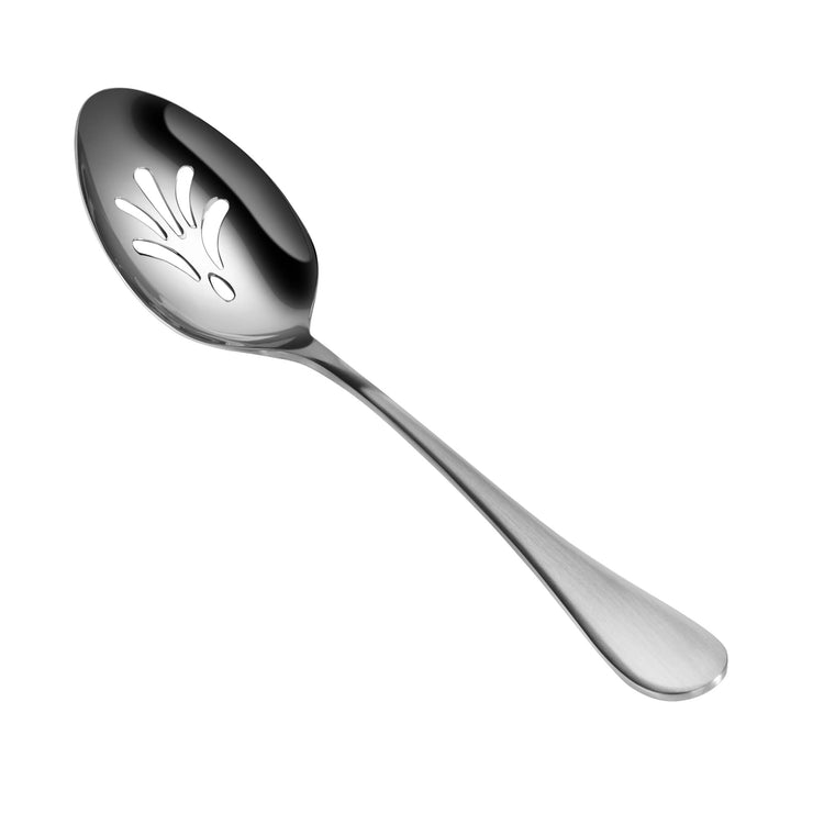 Slotted stainless steel serving spoon with polished bowl and matte finish handle from RAIN Series.
