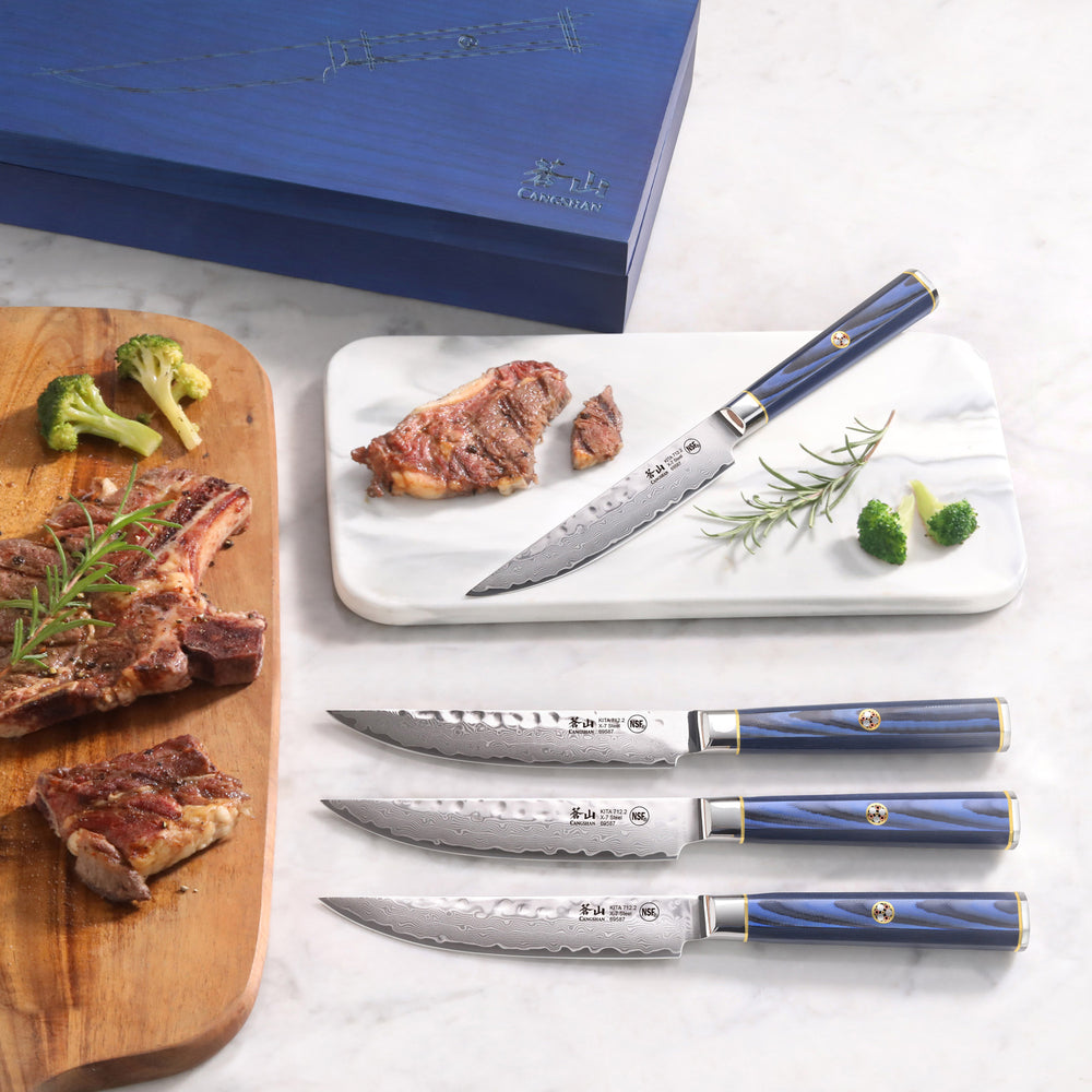 
                  
                    Load image into Gallery viewer, KITA Series 4-Piece Fine Edge Steak Knife Set, High Carbon X-7 Damascus Steel, 501509
                  
                