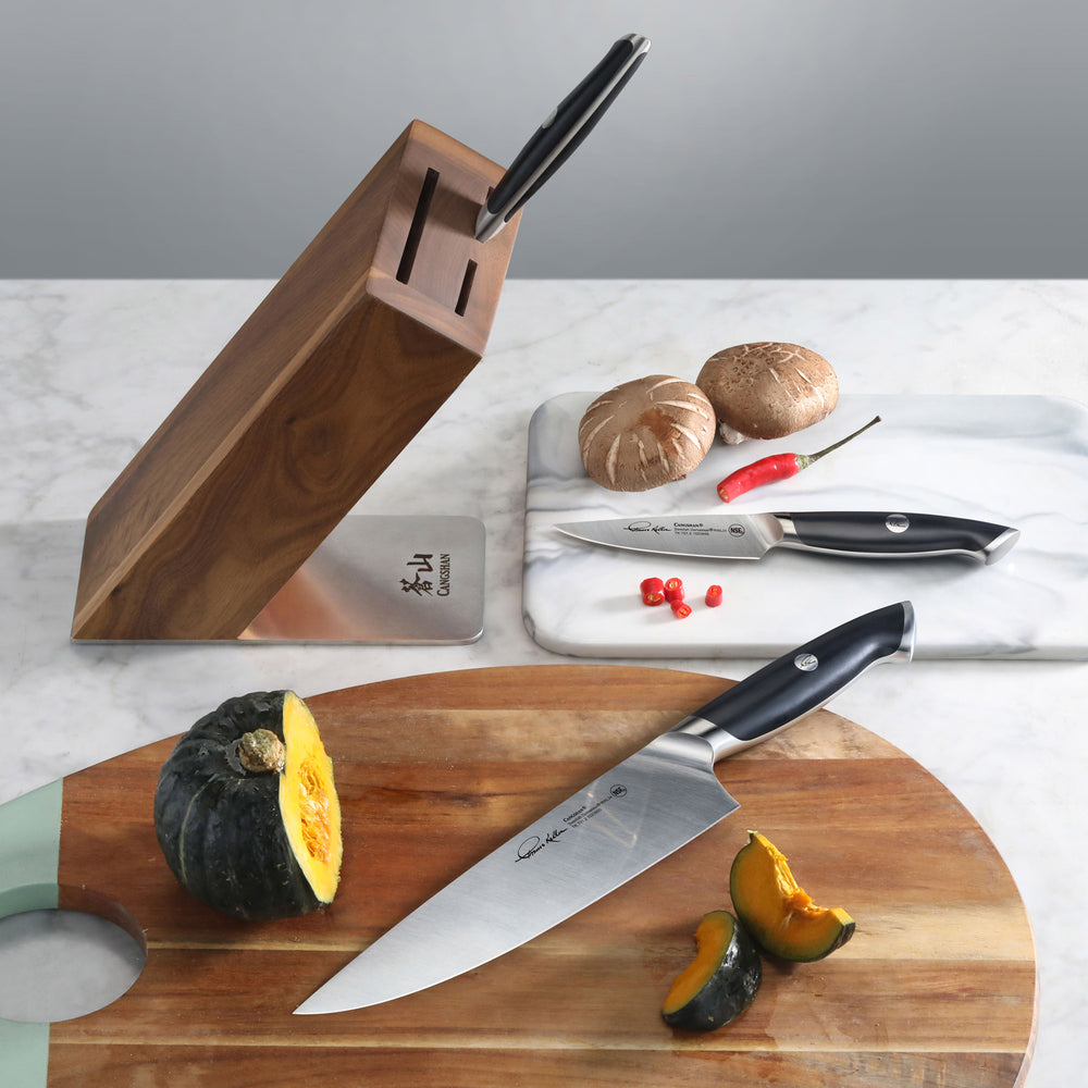 
                  
                    Load image into Gallery viewer, TKSC 4-Piece Knife Block Set, Forged Swedish Powder Steel, Thomas Keller Signature Collection
                  
                