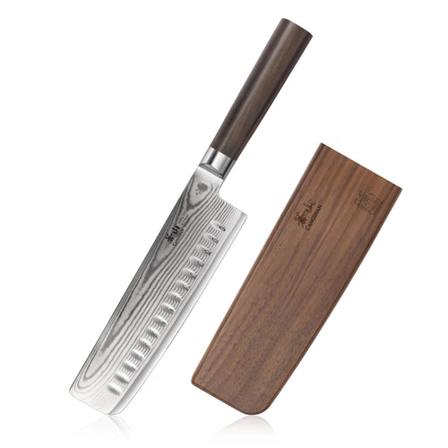 Nakiri knife with patterned blade and wooden handle next to a matching wooden sheath.