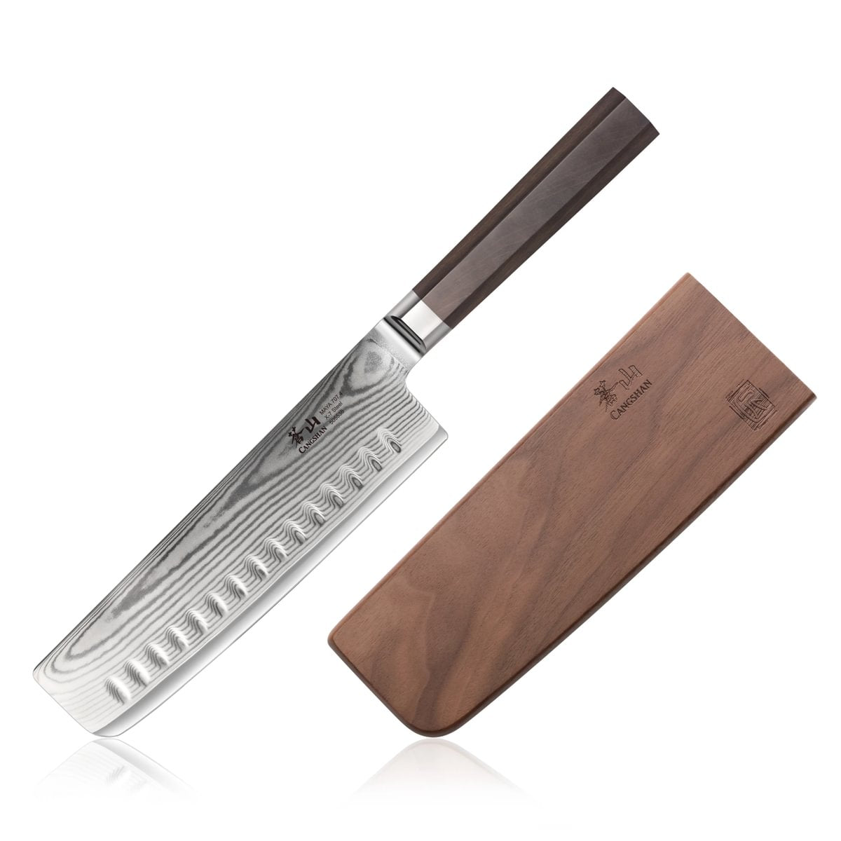 7-inch Damascus steel Nakiri knife with a dark wooden handle and matching wooden sheath.