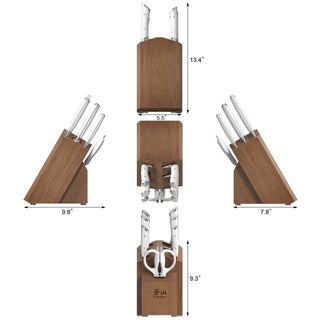 
                    
                      Wooden knife block holding six knives and kitchen shears, shown from four angles with dimensions.
                    
                  