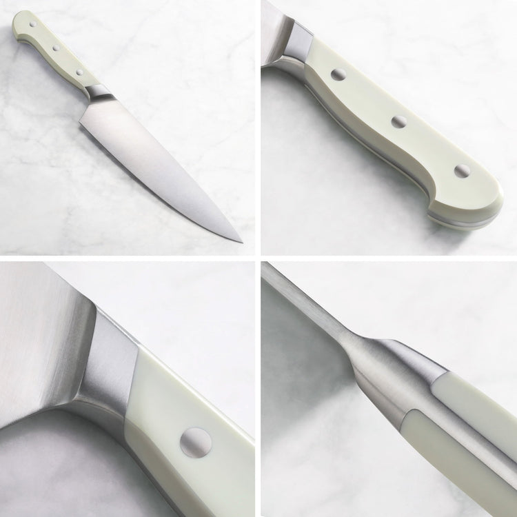 Close-up views of a white-handled kitchen knife showing the blade, handle, rivets, and bolster details.