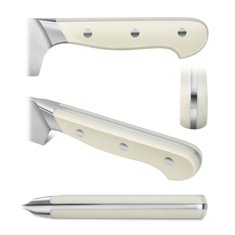 Close-up views of a knife handle with white riveted grip and stainless steel tang from the APERTIVO Series 8-Piece Knife Bloc