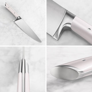 
                    
                      Close-up views of a kitchen knife showing the blade, handle, bolster, and end cap details.
                    
                  
