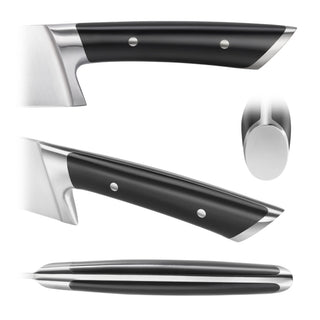 
                    
                      Close-up views of a knife handle showing black grip with two rivets and stainless steel bolster and end cap.
                    
                  