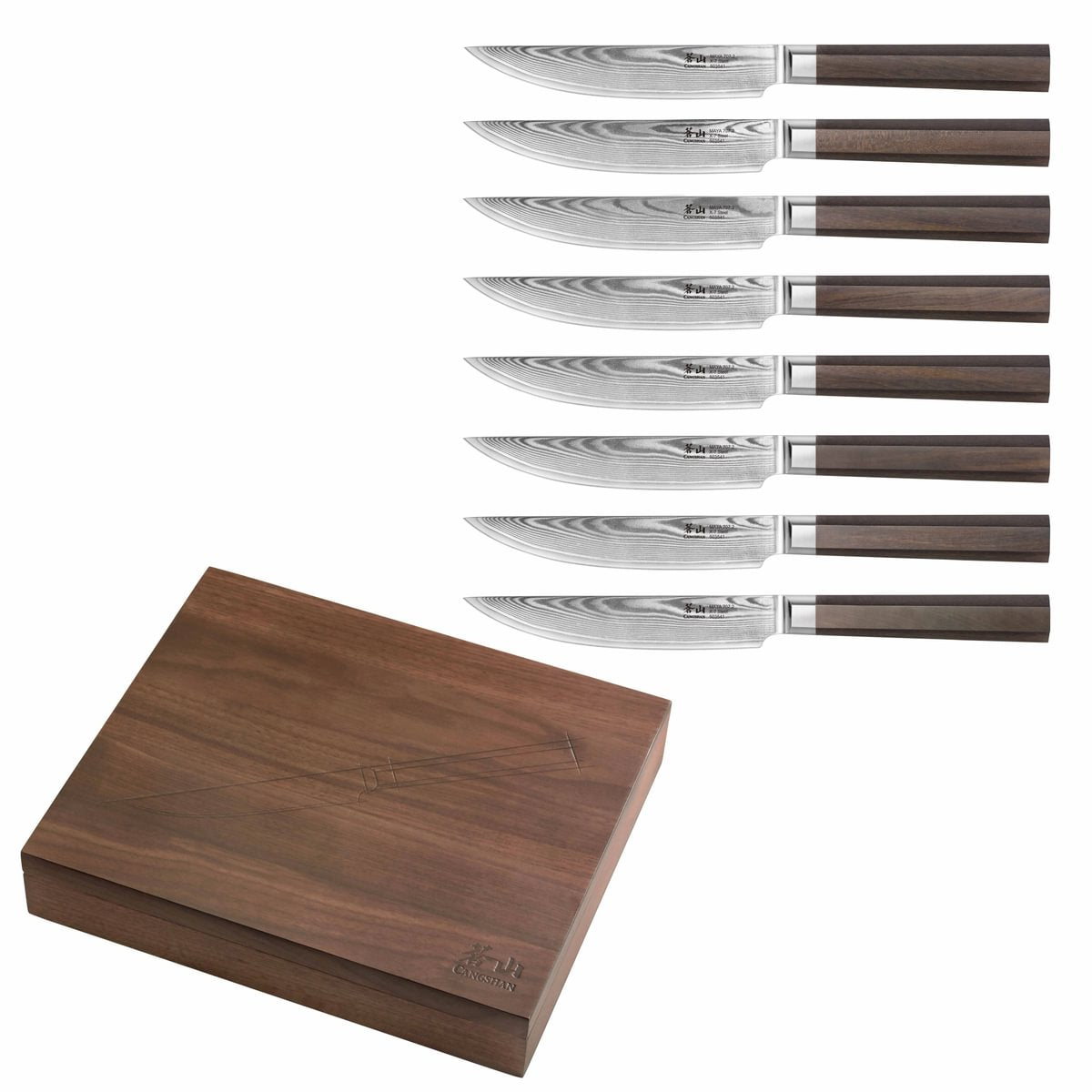 Eight steak knives with patterned steel blades and dark wooden handles, displayed above a closed wooden storage box.