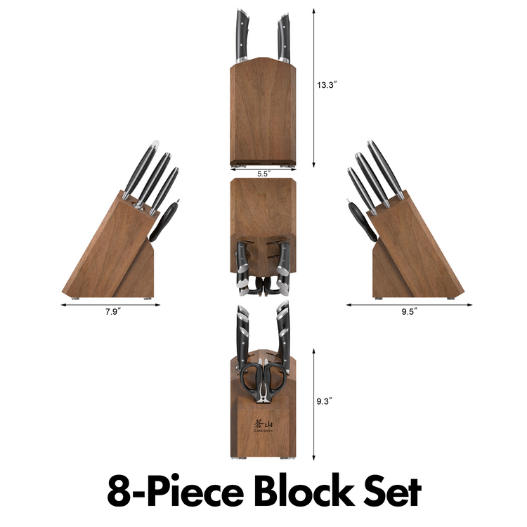 Wooden knife block with eight knives and scissors, shown from multiple angles with dimensions.