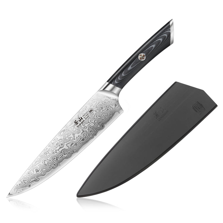 8-inch chef's knife with patterned Damascus steel blade and black ergonomic handle, shown with a black protective sheath.