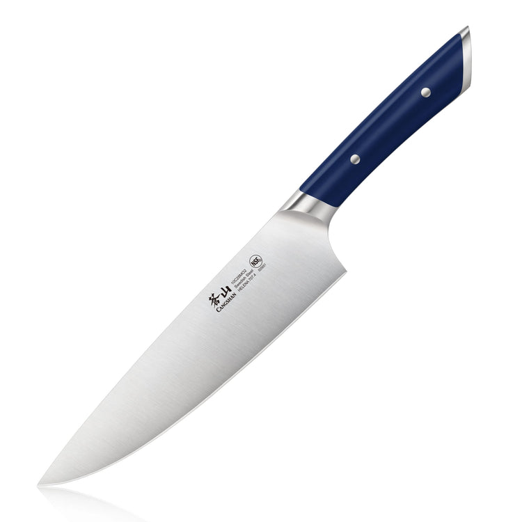 8-inch chef's knife with a stainless steel blade and navy blue handle with metal rivets.