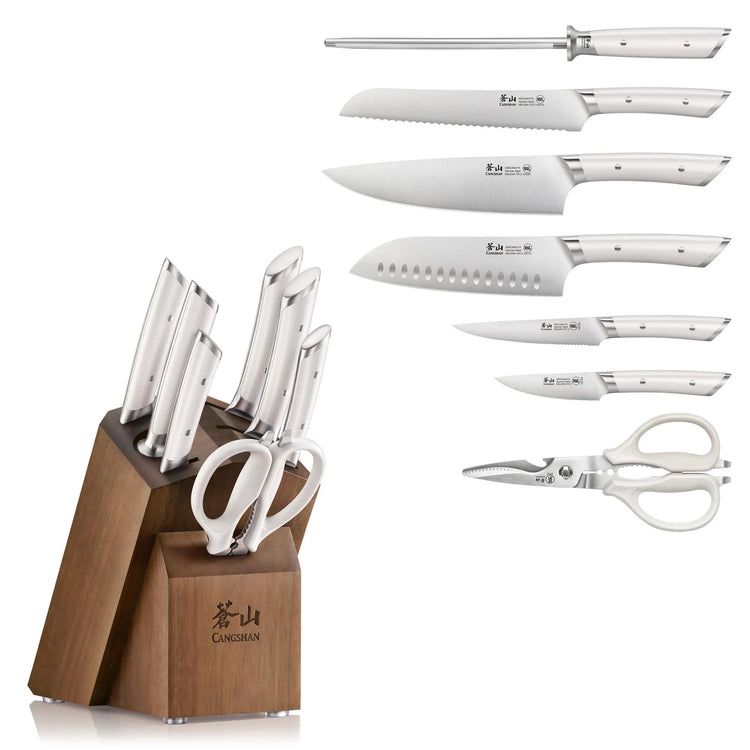 Eight-piece knife set with white handles, including sharpening steel, bread knife, chef's knife, santoku, utility knife, pari