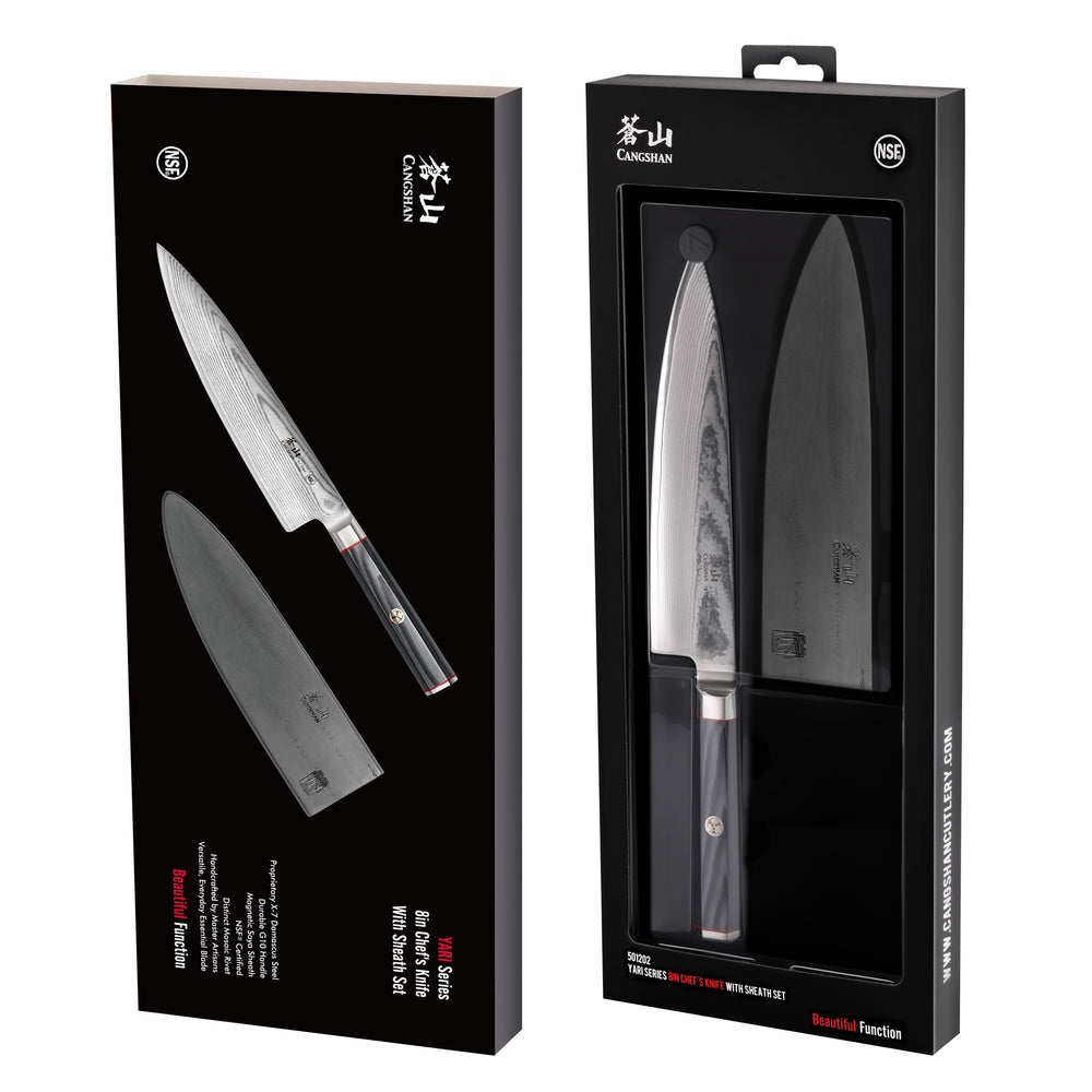 YARI Series 8-Inch Chef's Knife with Sheath, X-7 Damascus Steel