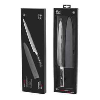 
                    
                      YARI Series 12-inch sashimi knife with Damascus steel blade and black protective sheath in retail packaging.
                    
                  