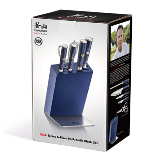 
                    
                      Knife block set with four knives and kitchen shears in a blue angled wooden block on product packaging.
                    
                  