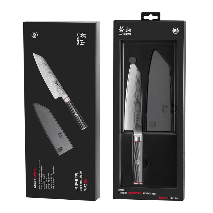 YARI Series 7-inch Kiritsuke knife with black handle and sheath displayed in black packaging.