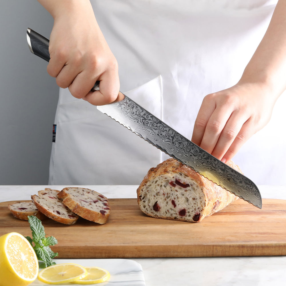 
                  
                    Load image into Gallery viewer, KURO Series 9-inch Bread Knife with Sheath, High Carbon X-7 Damascus Steel, 504241
                  
                