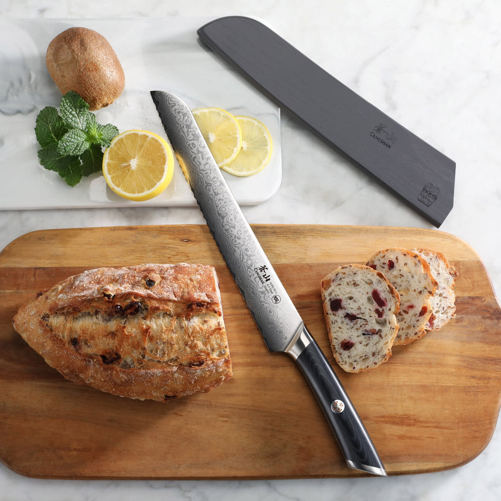 
                  
                    Load image into Gallery viewer, KURO Series 9-inch Bread Knife with Sheath, High Carbon X-7 Damascus Steel, 504241
                  
                