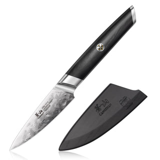 
                    
                      AIRA Series 3.5-inch Paring Knife with Damascus steel blade and black handle, shown alongside a matching sheath.
                    
                  