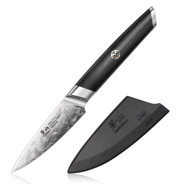 AIRA Series 3.5-inch Paring Knife with Damascus steel blade and black handle, shown alongside a matching sheath.