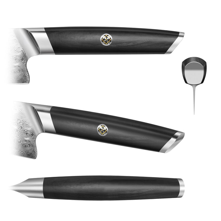 Side, top, and cross-section views of a black knife handle with silver bolster, end cap, and decorative pin.