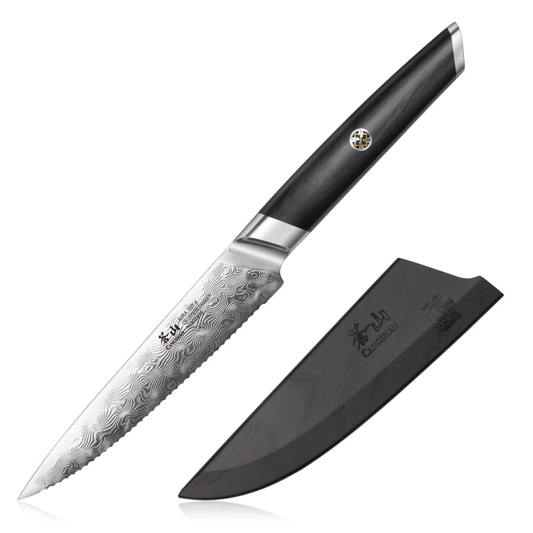 AIRA Series 5-Inch Serrated Utility Knife with patterned steel blade, black handle, and matching sheath.