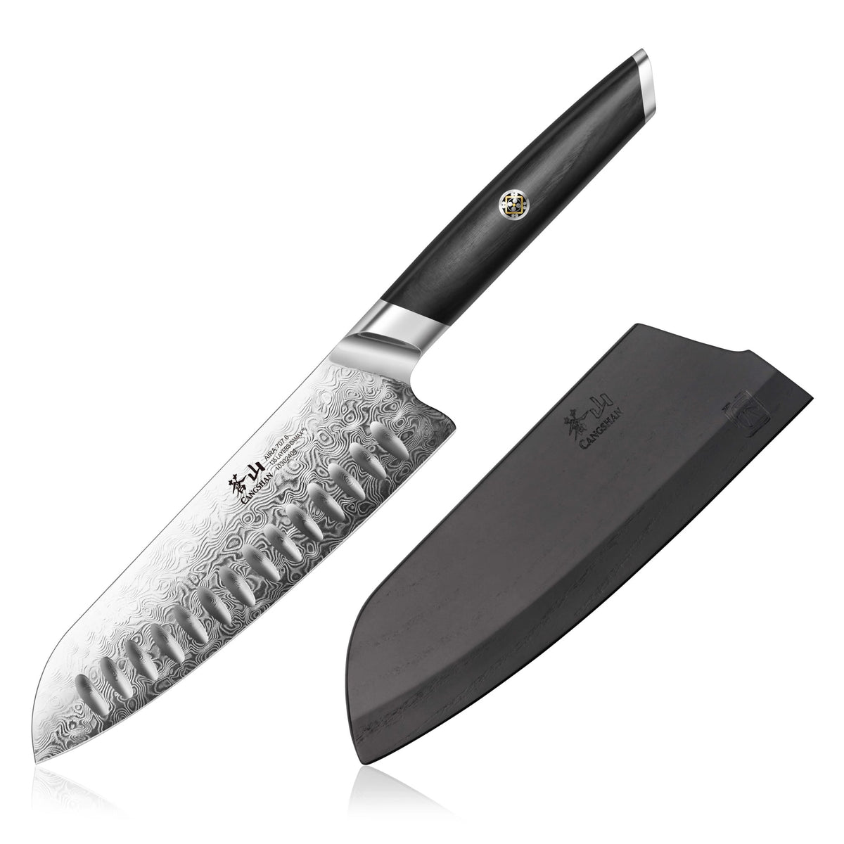 AIRA Series 7-Inch Santoku Knife with 135-Layer Damax™ Steel and black sheath.