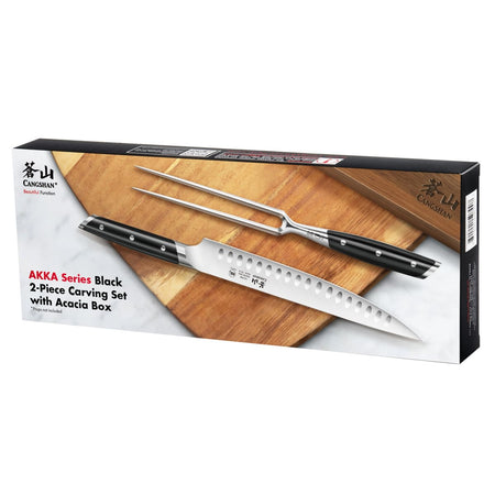 Two-piece carving set with a serrated knife and carving fork, both with black handles, displayed on a wooden board.