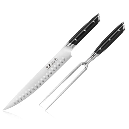 Carving knife with dimples on blade and two-prong carving fork, both with black handles and metal rivets.