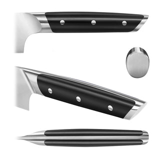 
                    
                      Four steak knives with black handles and three metal rivets, shown from side, top, and end views.
                    
                  