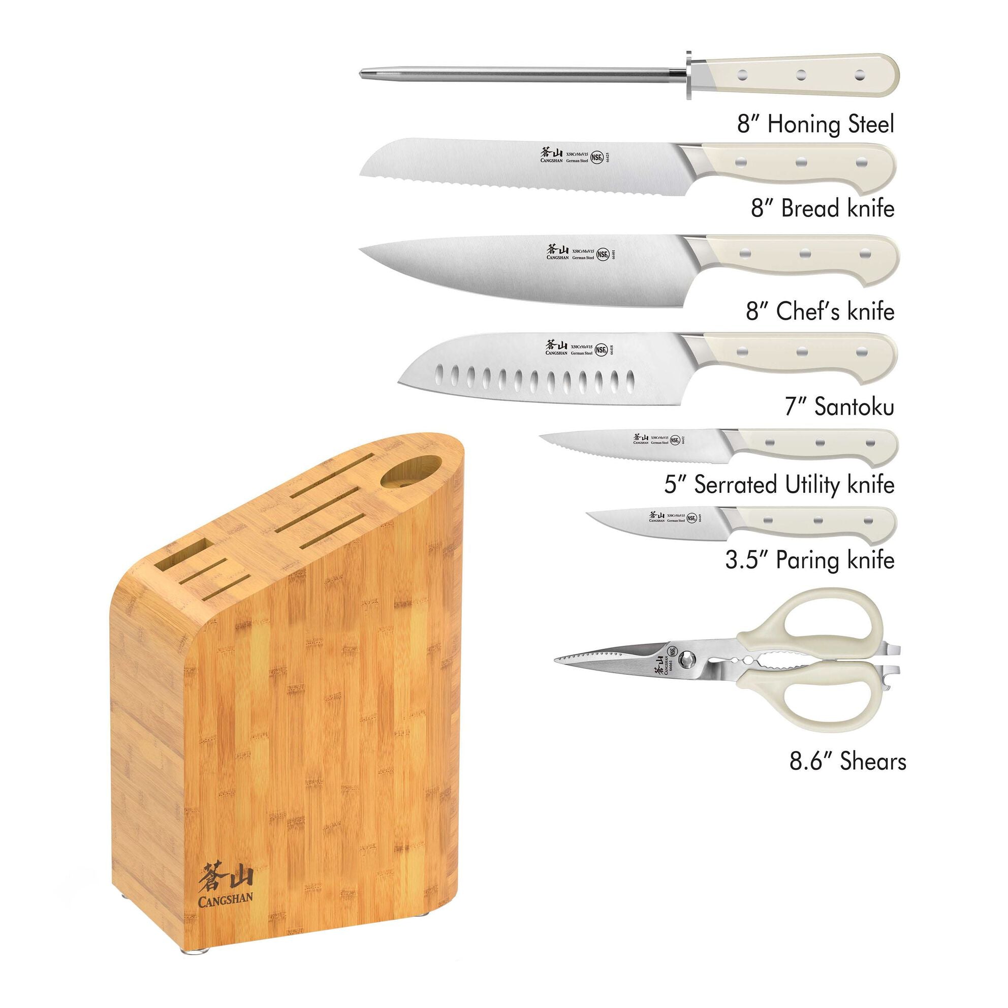 APERTIVO Series 8-Piece Knife Block Set German Steel, Bamboo Block (White), 1026849