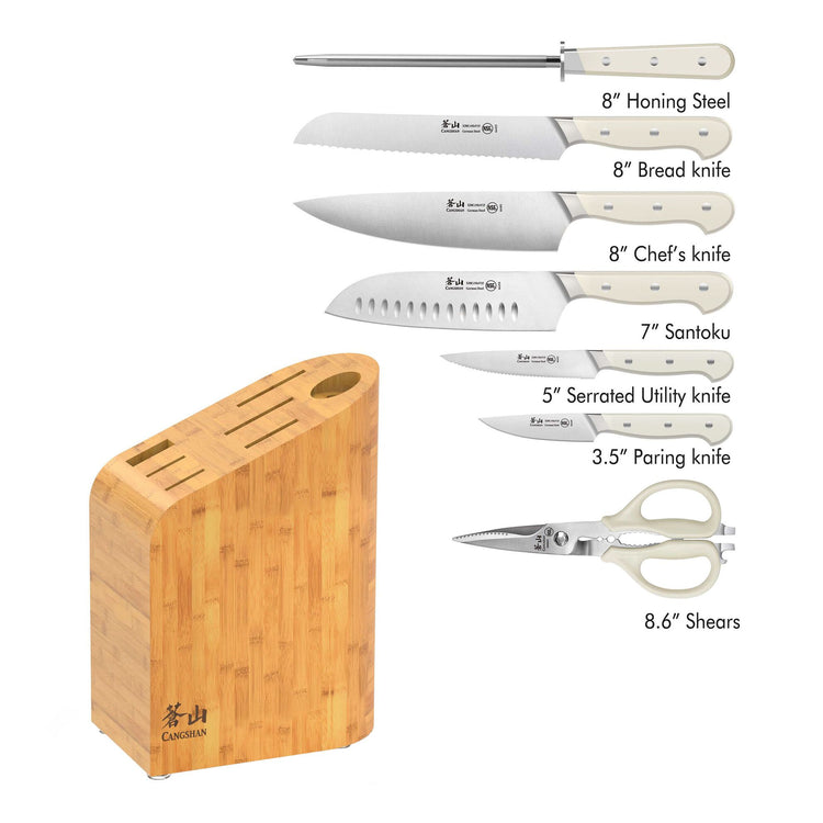 8-piece knife set with honing steel, bread, chef’s, Santoku, utility, paring knives, shears, and bamboo block.