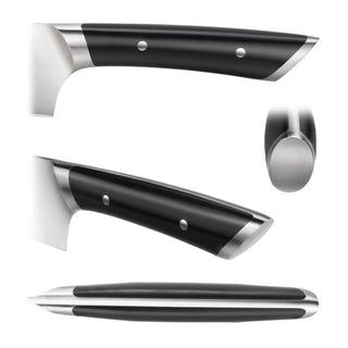 
                    
                      Black ergonomic knife handle with three rivets and stainless steel bolster and end cap shown from multiple angles.
                    
                  
