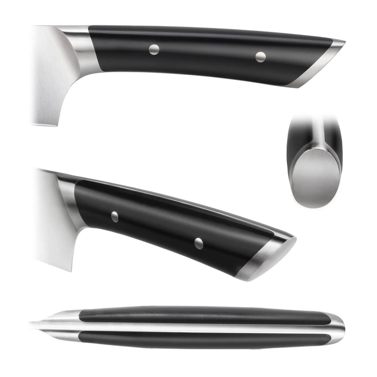 Black ergonomic knife handle with three rivets and stainless steel bolster and end cap shown from multiple angles.
