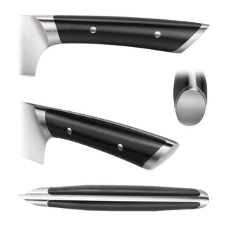 
                    
                      Black handle with metal rivets and stainless steel bolster of a carving knife shown from three angles.
                    
                  
