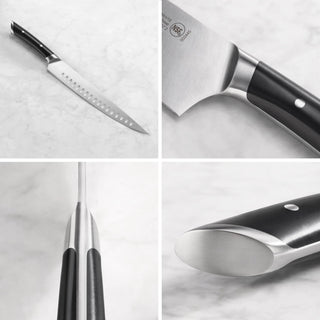
                    
                      9-inch carving knife with black handle, forged German steel blade, and stainless steel bolster and end cap.
                    
                  