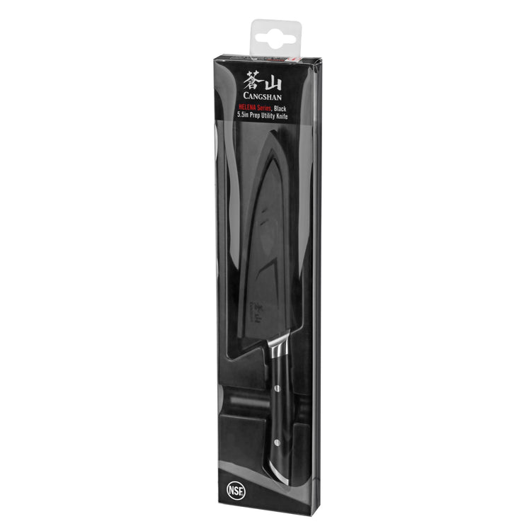 Black 5.5-inch prep utility knife with black handle in clear plastic and black cardboard packaging.
