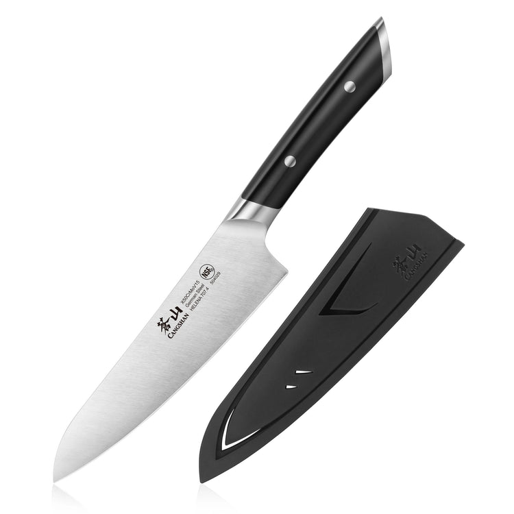 5.5-inch utility knife with black handle and protective black sheath, forged German steel blade.